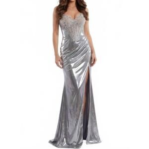 NEW JOVANI elegant gown with beaded bustier and thigh-high slit in silver